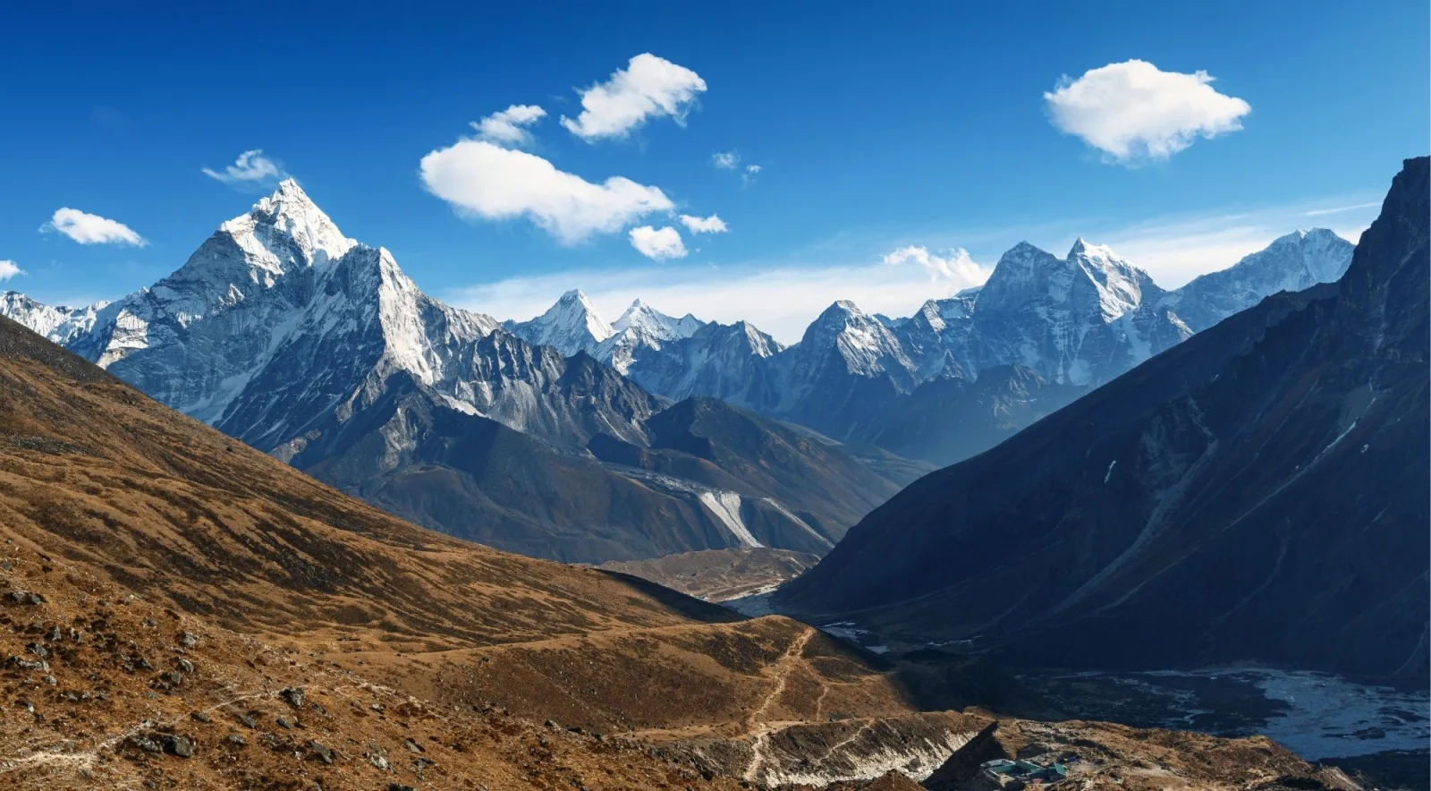 View across the Khumbu valley toward Ama Dablam and the high peaks near Dingboche