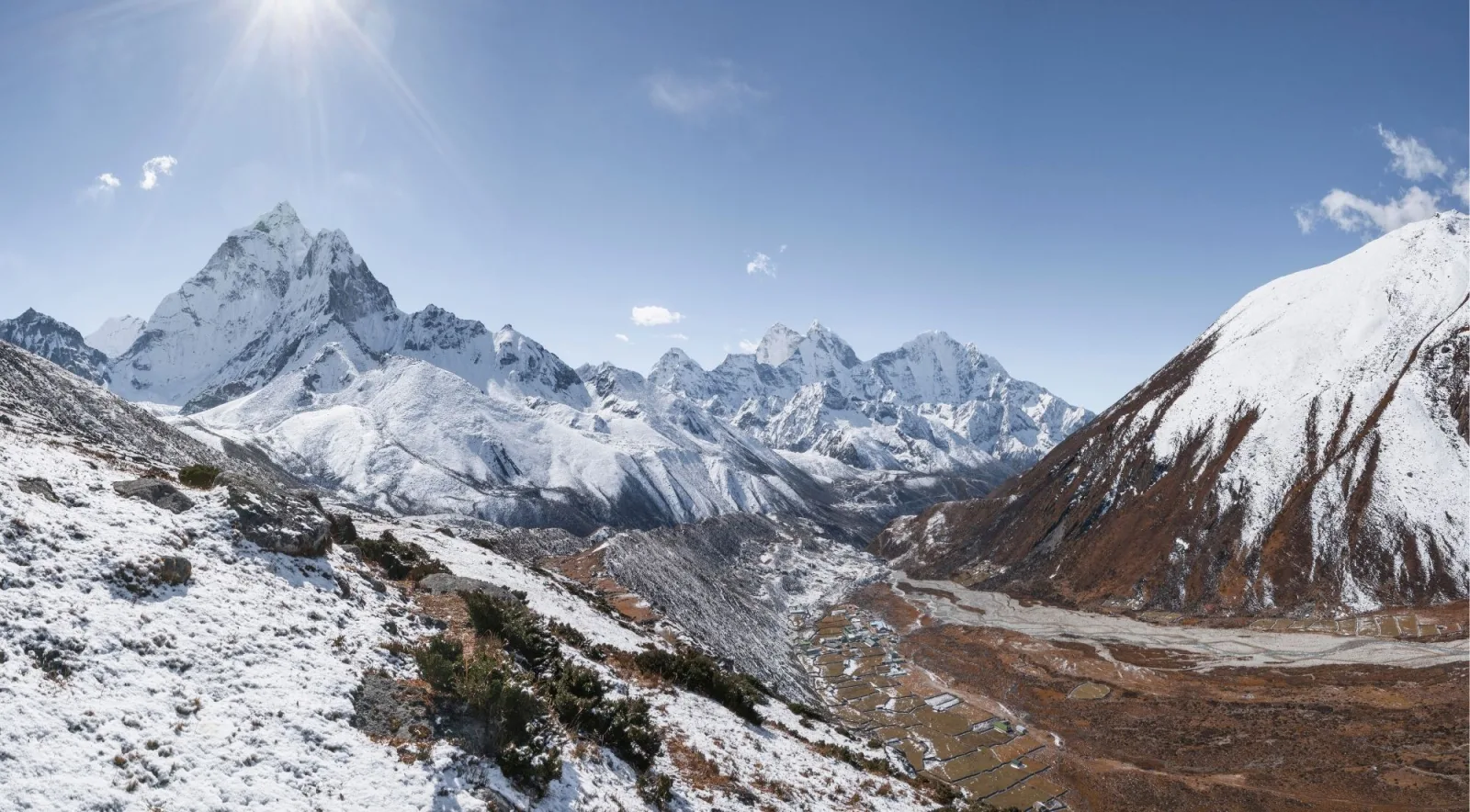 Panoramic view of Ama Dablam and the Khumbu valley with terraced village fields below